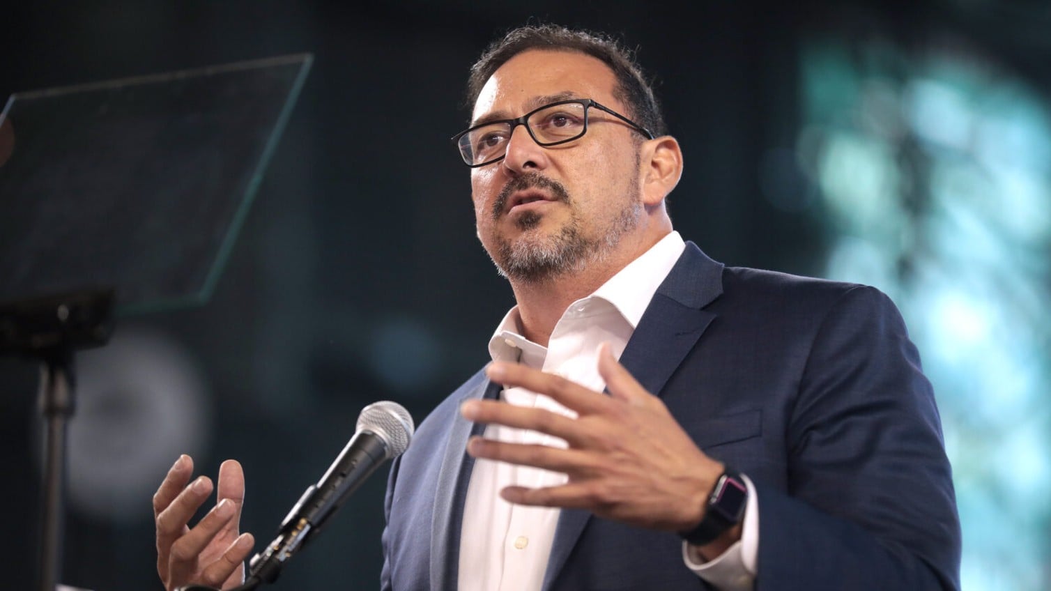 Adrian Fontes speaking at an event.